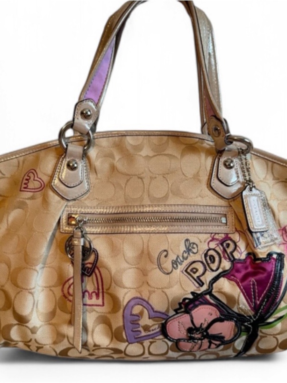 Coach Gold Shoulder Bag with Pink and Purple Floral Pop Art